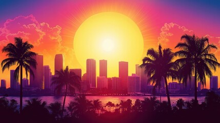 Obraz premium A silhouette of a city skyline with palm trees and a bright, setting sun.