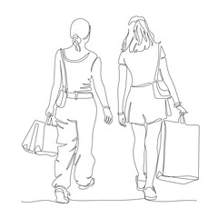 2 young women with  shopping bags walking away. Back view. Sale season. Continuous one line drawing. Black and white vector in line art style.