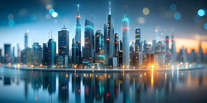 Abstract cityscape digital data streams bokeh effect space for copy. Modern skyline urban digitalization connectivity technological advancement side area reserved branding photo stock.