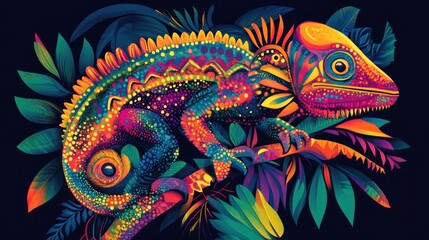 Obraz premium A vibrant, neon-colored chameleon perched on a branch surrounded by colorful leaves.