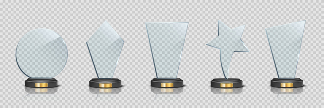 Glass award trophy set. Crystal winner prizes on transparent background. Acrylic winner cups. Realistic vector illustration set of trophy for sport competition, business achievement, recognition.