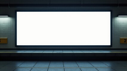 Fototapeta premium Urban subway movie poster mockup with an empty poster slot on a tiled wall, ideal for film ads or branding in a realistic public transit scene.