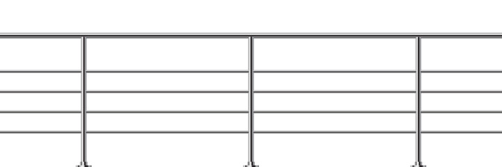 Metal fence with rails isolated on transparent background. Steel balcony with balustrades. Vector realistic 3D illustration of iron barrier, stairs balustrade for interior design.