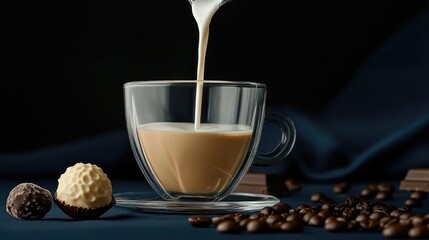Banner featuring milk being poured into black coffee in a glass cup on a dark blue backdrop accompanied by coffee beans and chocolate truffle Concept of coffee appreciation Front view