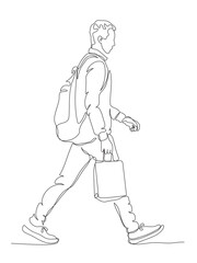 Man with shopping bag and backpack walking. Side view. Continuous one line drawing. Black and white vector illustration in line art style.