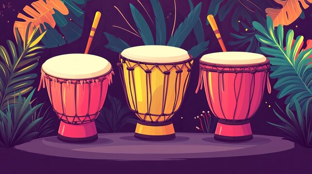 Cartoon musical instruments with traditional ornamentation, like cuica drums, carnival band djembe, or African and Brazilian vector Africa or Latin folk percussion drums with drumsticks