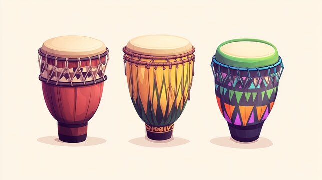 Cartoon musical instruments with traditional ornamentation, like cuica drums, carnival band djembe, or African and Brazilian vector Africa or Latin folk percussion drums with drumsticks