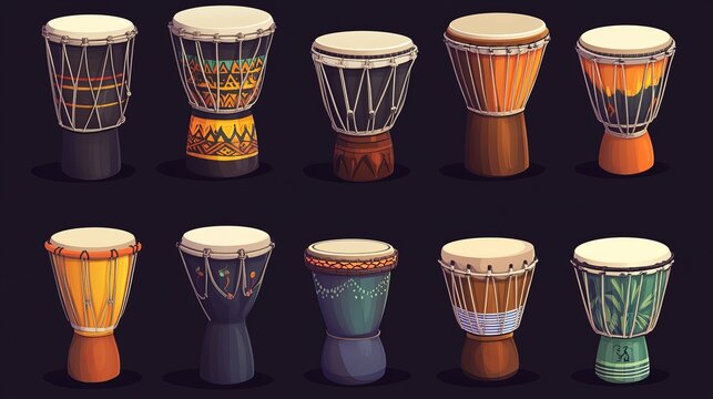 Cartoon musical instruments with traditional ornamentation, like cuica drums, carnival band djembe, or African and Brazilian vector Africa or Latin folk percussion drums with drumsticks