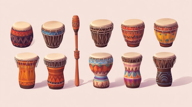 Cartoon musical instruments with traditional ornamentation, like cuica drums, carnival band djembe, or African and Brazilian vector Africa or Latin folk percussion drums with drumsticks