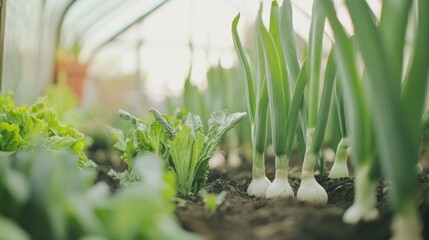 Blurry close up of two low tunnel greenhouses with leeks onions and lettuce thriving Greens cultivated in a greenhouse setting Focus on gardening and organic produce