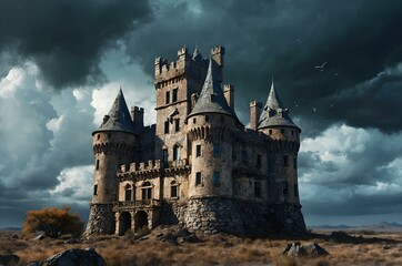 Fototapeta premium This ancient stone fortress, surrounded by a desolate landscape, looms under ominous storm clouds. Gothic architecture and eerie ambiance make it a captivating sight