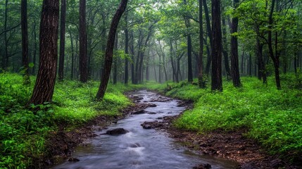Obraz premium A creek flows through a lush, green forest, shrouded in mist.