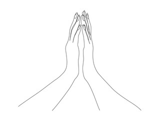 Woman hands together for saying sorry or praying. Black and white vector illustration in line art style.