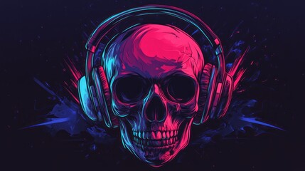 A neon skull with headphones on a dark background.