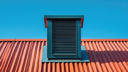 Fototapeta premium Clean roof of a residential house featuring a chimney and window Close up of a steel chimney with a modern air vent system against a backdrop of red tiles and a clear blue sky