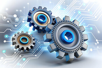 Abstract Gears Interlocking with Digital Circuits Against Bokeh Background for Text Space - Conceptual Image Symbolizing Mechanics of Digital Marketing & Technology Strategy Integration in Photo Stock