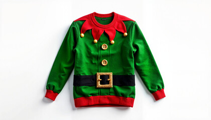 Green elf sweater with gold bells and a black belt on white background