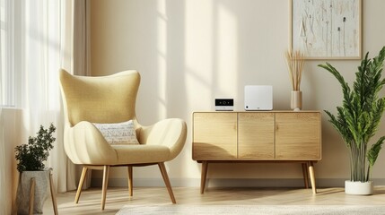 Living room with comfortable armchair, Wi-Fi router on a side table, and subtle decor touches, creating a warm and connected space