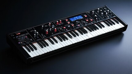 Fototapeta premium Black digital synthesizer with 88 keys, red knobs and a blue LCD screen on a black background.