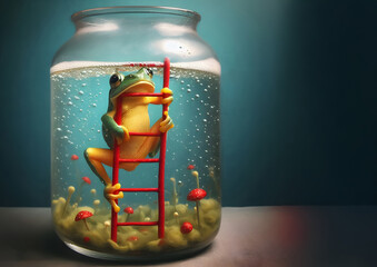 Ein Frosch klettert auf einer roten Leiter aus einem Glas, Wettervorhersage, copy space, Wetterfrosch