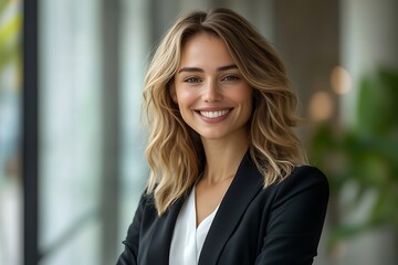 Confident Female Leader with Long Blonde Hair and Bright Smile Headshot