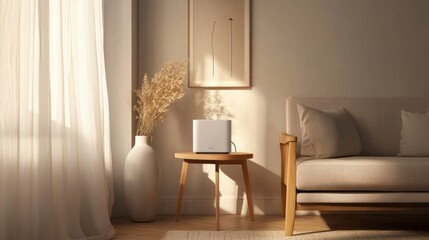 Minimalist living room interior featuring an armchair, Wi-Fi router on a small side table, and clean, modern decor for a tech-friendly space
