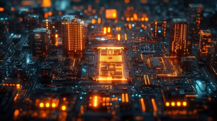 Fototapeta premium Futuristic cityscape resembling a circuit board with glowing elements.