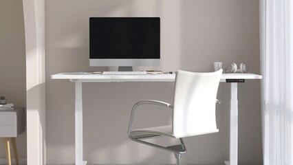 Desktop of modern white stand up desk with computer, keyboard, mouse, chair in sunlight from window...