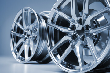 Two elegant, powerful aluminum rims in close-up, arranged, with reflective surfaces on blue-gray background