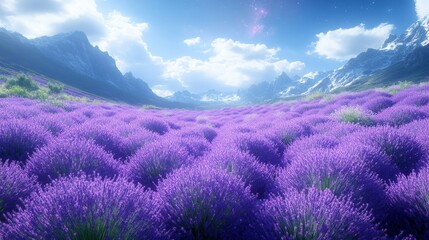 A field of purple flowers with a blue sky in the background