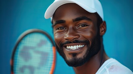 An African American tennis player smiling while holding racket against blue background, perfect for promoting fitness, health, or US Open events with space for copy