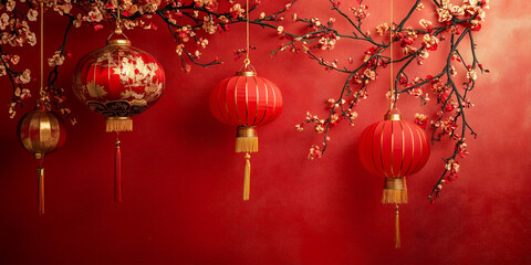 Chinese new year decorative banner with red paper lanterns and cherry tree branch, Lantern festival and New yeah background.