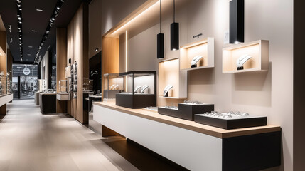 Modern jewelry store interior with elegant display cases containing necklaces and other jewelry pieces, featuring sleek wooden and black accents and ambient lighting.