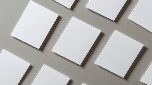 Closeup of blank white business card mockups arranged diagonally on a neutral grey surface Flat lay perspective Open layout for corporate identity design Copy space available