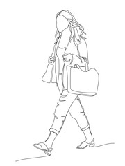 Woman with shopping bag walking. Wear jacket. Continuous line drawing. Black and white vector illustration in line art style.