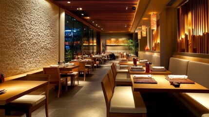 Modern restaurant interior with cozy seating, warm lighting, and an empty wall texture, providing a calm and inviting atmosphere