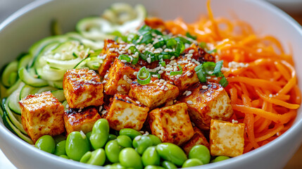 Fototapeta premium Tofu Bowl with Zucchini Noodles, Edamame, and Carrots