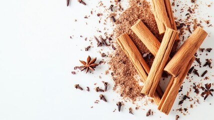 Cinnamon sticks and ground spice isolated against a white backdrop