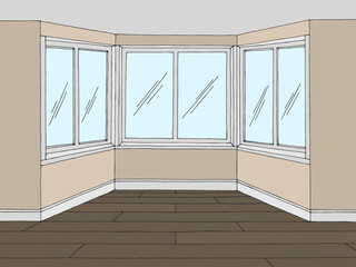 Bay window graphic color home room interior sketch illustration vector 