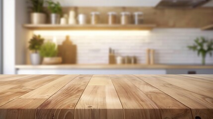 empty beautiful wood table top counter modern kitchen interior in clean and bright.	