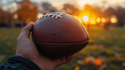 An American football held by the handle, blurred background showing sunset over the playing field