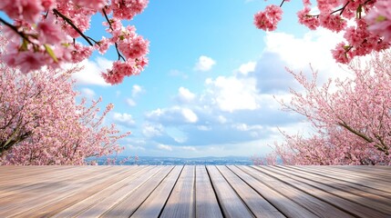 A tranquil scene featuring pink cherry blossoms spanning a wooden deck complemented by a bright blue sky above