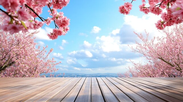 A tranquil scene featuring pink cherry blossoms spanning a wooden deck complemented by a bright blue sky above