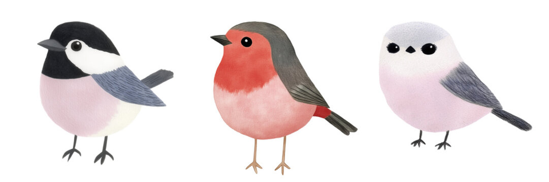 Set of little birds. Illustration isolated on transparent background.
