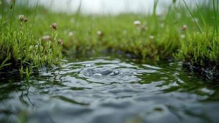 Fototapeta premium Ripples in a Small Pond Surrounded by Green Grass and Flowers
