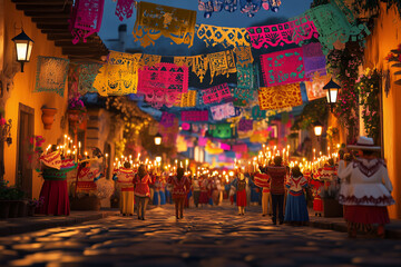 vibrant Las Posadas celebration in a traditional Mexican village, participants walking in procession holding candles and singing carols, colorful decorations like papel picado and pi&ntilde;atas hanging abov