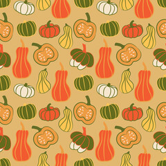 Bright pumpkin seamless pattern. Autumn repeating background. Squash endless print. Season ornament. Thanksgiving and Halloween wallpaper. Best for wrapping, textile, packaging, stationery, fabric.
