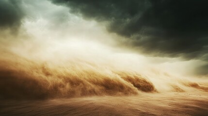 A large dust storm approaches in a desert landscape, with a dark, threatening sky and a bright light shining through the dust.