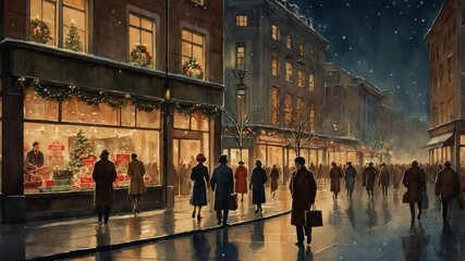 Obraz premium Retro Christmas Shopping Watercolor Scene with Festive Streets and Glowing Storefronts – Vintage Holiday Atmosphere