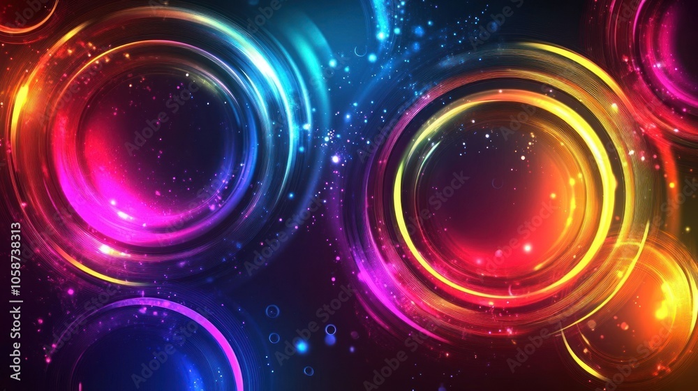 Sticker abstract background with glowing colorful circles and glitter particles on a black background.